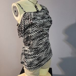 IZ Byer Black & White One Shoulder Ruffle Top